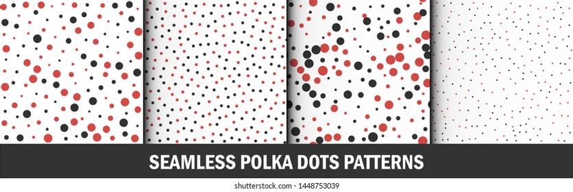 Set of seamless vector polka-dots patterns. Collection of red, white and black colored abstract dots backgrounds. For fabric, textile, design, web, cover, wrapping.