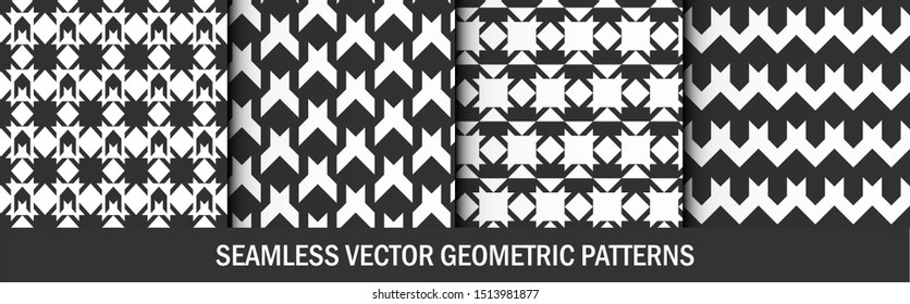 Set of seamless vector repeat patterns. Collection of geometric backgrounds for fabric, textile, wrapping, cover, web etc. 10 eps black and white design.