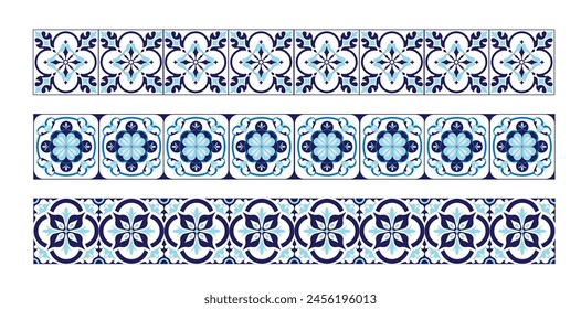 Set of seamless vector ribbons in art nouveau style. Vector designs with complex symmetrical patterns are suitable for seamless printing. Interweaving of blue and cyan elements on a white background.