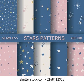 Set of seamless vector stars patterns. Collection of starry backgrounds for design, fabric, textile, cover, wrapping.