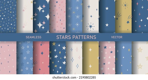 Set of seamless vector stars patterns. Collection of starry backgrounds for design, fabric, textile, cover, wrapping.