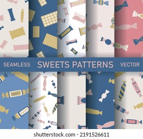Set of seamless vector sweets candies patterns. Collection of food repeat backgrounds for fabric, textile, wrapping, cover etc.	