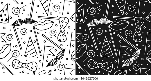 A set of seamless vector textures on a white and black background.Holiday attributes for a birthday. Mustache,caps, lips, bow tie in Doodle style for design wrapping paper,invitations,banners,cards.