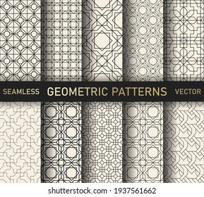 Set of seamless vector thin line patterns. Collection of geometric backgrounds for fabric, textile, wrapping, cover, web etc. 10 eps design.