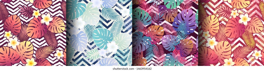 Set of  seamless vector tropical pattern with colorful exotic leaves and flowers on geometrical ornament