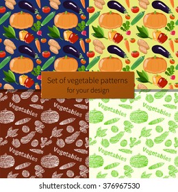 Set of seamless vector vegetable patterns. Different vegetables. Background can be used for the menu, web page.
