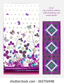 Set of seamless vector vertical pattern with Decorative violet strawberry and butterfly ornament and ornate border. Hand drawn texture for clothes, bedclothes, invitation, card design etc.