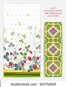 Set of seamless vector vertical pattern with Decorative yellow red green strawberry and butterfly ornament and ornate border. Hand drawn texture for clothes, bedclothes, invitation, card design etc.