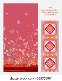 Set of seamless vector vertical pattern with Decorative red strawberry and butterfly ornament and ornate border. Hand drawn texture for clothes, bedclothes, invitation, card design etc.