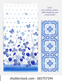 Set of seamless vector vertical pattern with Decorative blue  strawberry and butterfly ornament on white background and ornate border . Hand drawn texture for clothes, bedclothes, card design etc.