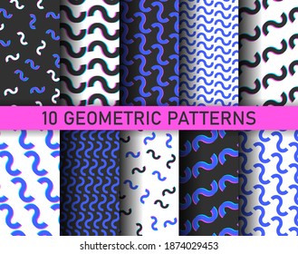Set of seamless vector wavy patterns. Glitch effect repeat geometric waves backgrounds. 10 eps design for fabric, textile, cover, wrapping etc. 