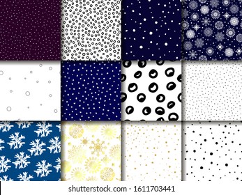 Set of Seamless vector winter patterns. Hand drawn white, gold, black snowflakes on white and blue backgrounds. Collection of illustrations for Snow day, textiles, wallpapers, posters, wrapping paper