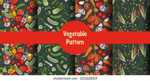 Set of seamless vegetable patterns. Tomatoes, cucumber, pumpkin, corn for printing on fabric, paper and tiles. Original atmospheric prints to create designs.