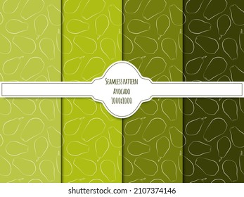 A set of seamless vegetable patterns. Vector white contour illustration of avocado on a colored background. 1000x1000