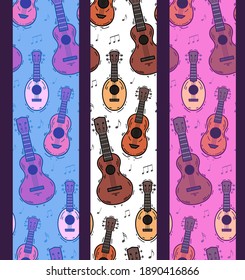 Set of seamless vertical border with contour ukuleles, musical notes on various background. Hawaiian music. Musical string instrument. Seamless cartoon texture for bookmark, frame and your creativity