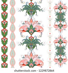 Set of seamless vertical borders in oriental style. Traditional Indian flowers and paisley