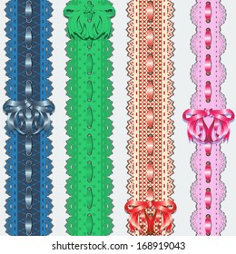 Set of seamless vertical lace ribbon with a bow. Collection elements for scrapbook. Vector illustration.