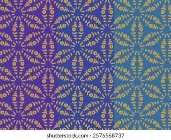 A set of seamless vibrant geometric patterns in purple, blue, and cyan tones with yellow symmetrical shapes. Ideal for textiles, packaging, and modern design projects.