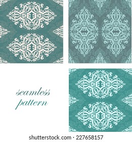 Set of seamless vintage blue  pattern with lace ornament