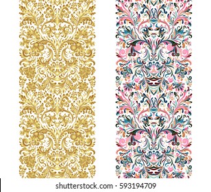Set of seamless vintage border brushes templates. Baroque floral elements for frames design and page decorations. Gold and color variation