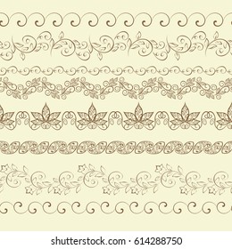 Set of seamless vintage borders. Traditional East style, ornamental floral elements. Mehndi pattern. Ornamental floral elements for henna tattoo, design card, invitation, brochure, book, magazine.