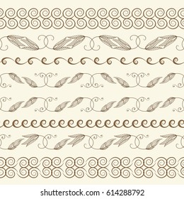 Set of seamless vintage borders. Traditional East style, ornamental floral elements. Mehndi pattern. Ornamental floral elements for henna tattoo, design card, invitation, brochure, book, magazine.