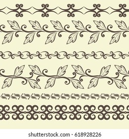 Set of seamless vintage borders. Traditional East style, ornamental floral elements. Mehndi pattern. Ornamental floral elements for henna tattoo, design card, invitation, brochure, book, magazine.