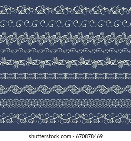 Set of seamless vintage borders. Traditional East style, ornamental floral elements. Mehndi pattern. Ornamental floral elements for henna tattoo, design card, invitation, brochure, book, magazine.