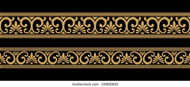 Set of seamless vintage Greek ornament. Golden pattern on a black background.