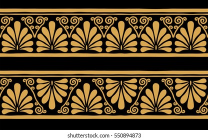 Set seamless vintage Greek ornament  Golden pattern black background 