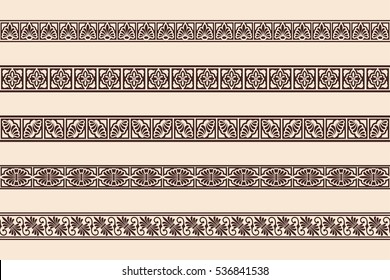 Set of seamless vintage ornament with elements of Greek and Gothic style. Brown pattern on a beige background.