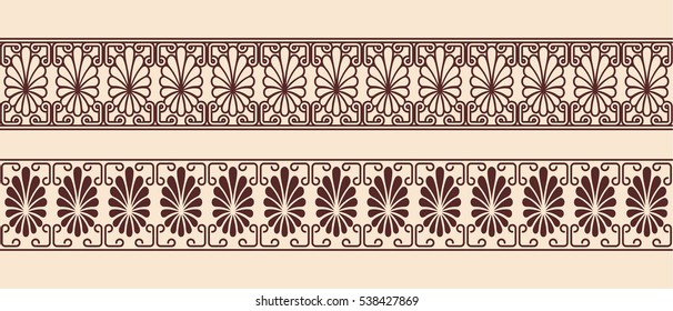 Set of seamless vintage ornament with elements of Greek and Gothic style. Brown pattern on a beige background.