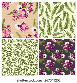 Set of seamless vintage pattern with painted flowers, leaves and plants. Vector illustration