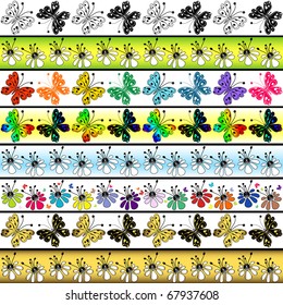 Set seamless vivid  borders with flowers and  butterflies (vector)