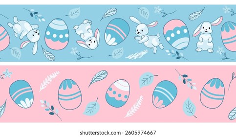 Set of seamless wallpaper patterns. Blue and pink seamless border with cute bunny, Easter eggs and flowers
