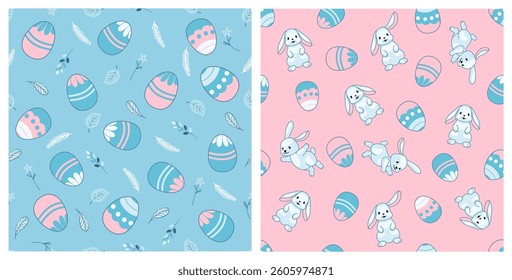 Set of seamless wallpaper patterns. Blue and pink background with cute bunny, Easter eggs and flowers