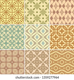Set of seamless wallpaper patterns. Colorful backgrounds with geometric and simple floral elements. Vector illustration.