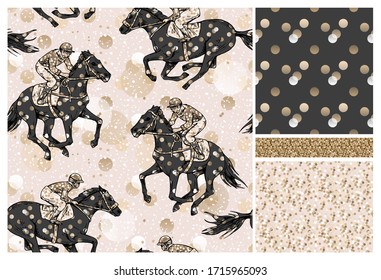 Set of seamless wallpaper patterns. The running beautiful horse and rider on a shine polka dot background. Textile composition, hand drawn style print. Vector illustration.