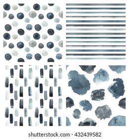 Set of seamless watercolor textures. Polka dots, stripes, blur, the strokes. Gray, black, Indigo. Graphics. Vector.