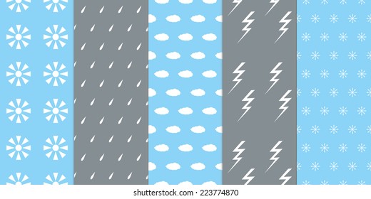 Set of seamless weather patterns. Suns, raindrops, clouds, lightnings and snowflakes. Gray and blue colors