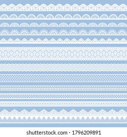 
Set of seamless white lace ribbons on blue background.