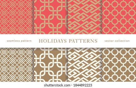 Conjunto de patrones geométricos de vacaciones de invierno sin fisuras. Feliz Navidad y Feliz Año Nuevo. Papel moderno y elegante. Ilustración vectorial.