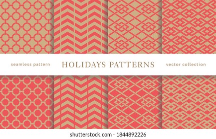 Set of seamless winter holidays geometric patterns. Merry Christmas and Happy New Year collection. Modern elegant wallpaper. Vector illustration.