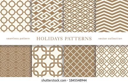 Set of seamless winter holidays geometric patterns. Merry Christmas and Happy New Year golden collection. Modern elegant wallpaper. Vector illustration.