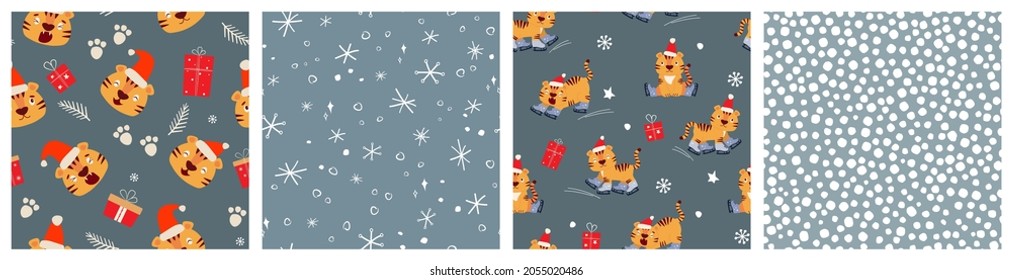 A set of seamless winter New Year's pattern with the symbol of the year with a funny tiger cub in Christmas hats on skates with gifts, snowflakes, ice. Vector graphics.