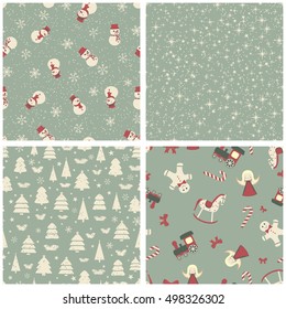 Set seamless winter pattern on blue background with snowflake, stars, christmas trees, angels, train, etc.