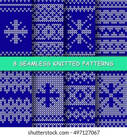 Set with seamless winter patterns. Blue and white knitted christmas backgrounds in scandinavian style. Vector