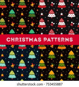 Set of seamless winter patterns with christmas trees for wrapping paper, textile, fabric, wallpapers, card. Cute cartoon style. Vector illustration.