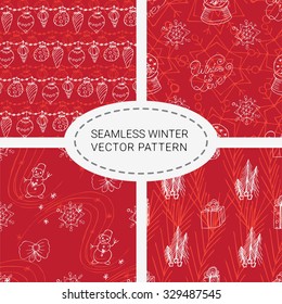 Set of seamless winter patterns with hand drawn elements on red background. Vector illustration for your graphic design.