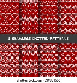 Set with seamless winter patterns. Red and white knitted background in scandinavian style.